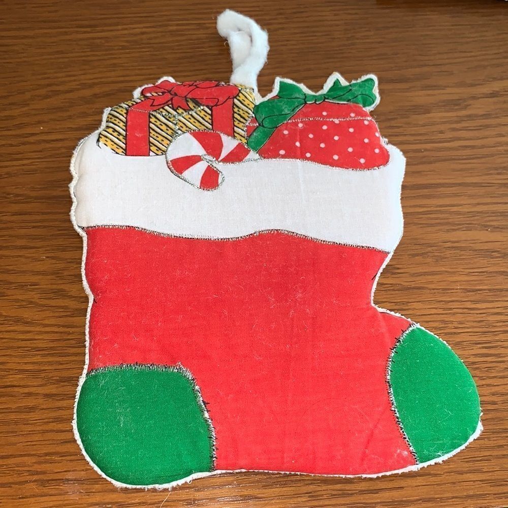 Vtg 70s/80s red padded Christmas stocking hot pad or pot holder